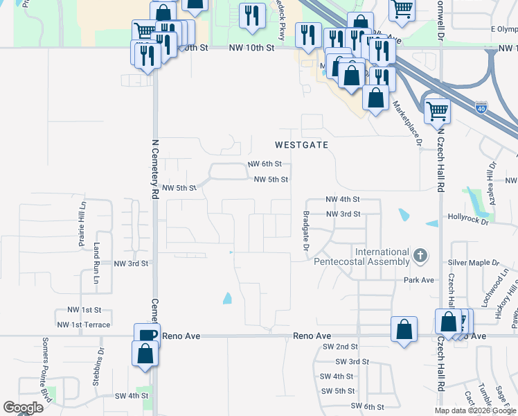 map of restaurants, bars, coffee shops, grocery stores, and more near Northwest 5th Street in Yukon