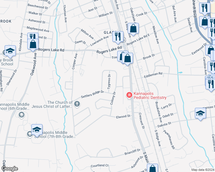 map of restaurants, bars, coffee shops, grocery stores, and more near 1416 Tygress Drive in Kannapolis