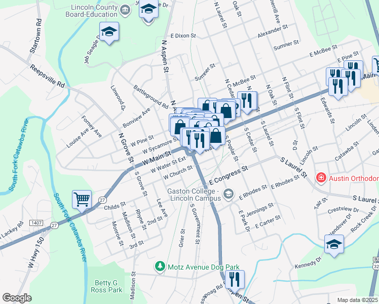 map of restaurants, bars, coffee shops, grocery stores, and more near 103 Court Square in Lincolnton