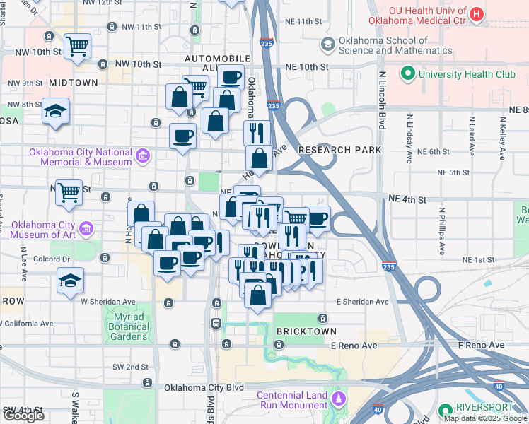 map of restaurants, bars, coffee shops, grocery stores, and more near 202 Northeast 3rd Street in Oklahoma City