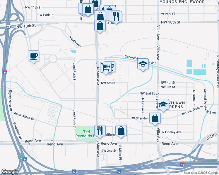 map of restaurants, bars, coffee shops, grocery stores, and more near 500 North May Avenue in Oklahoma City