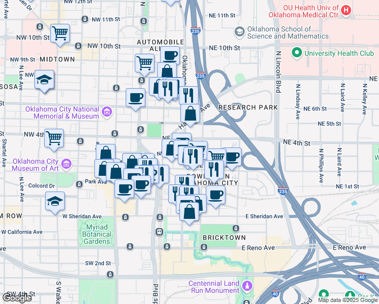 map of restaurants, bars, coffee shops, grocery stores, and more near 30 Northeast 3rd Street in Oklahoma City