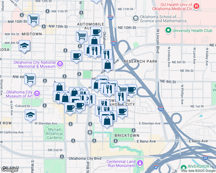map of restaurants, bars, coffee shops, grocery stores, and more near 30 Northeast 3rd Street in Oklahoma City