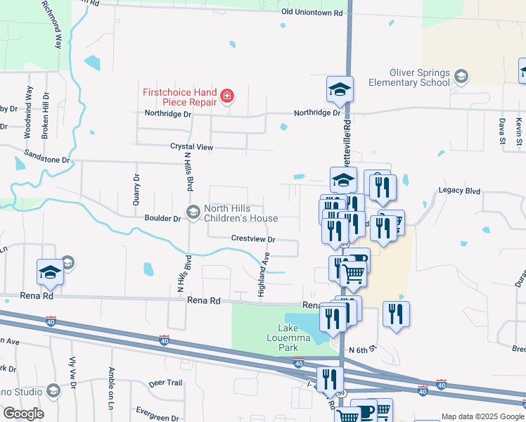 map of restaurants, bars, coffee shops, grocery stores, and more near 318 Boulder Drive in Van Buren