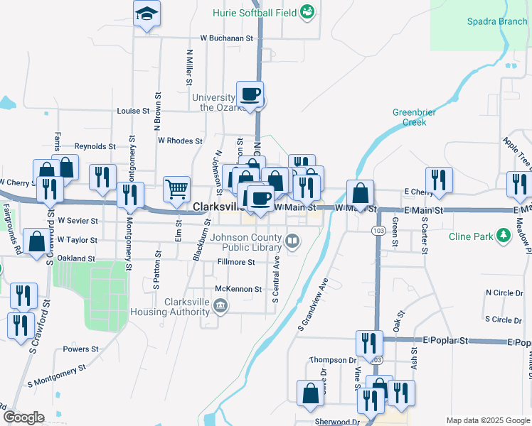map of restaurants, bars, coffee shops, grocery stores, and more near 600-698 West Main Street in Clarksville