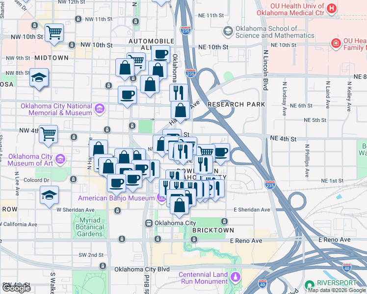 map of restaurants, bars, coffee shops, grocery stores, and more near 202 Northeast 3rd Street in Oklahoma City