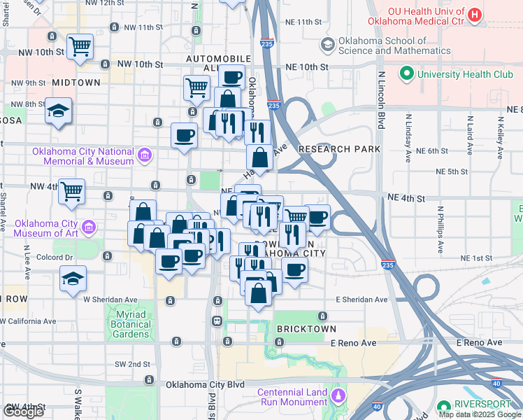 map of restaurants, bars, coffee shops, grocery stores, and more near 30 Northeast 3rd Street in Oklahoma City