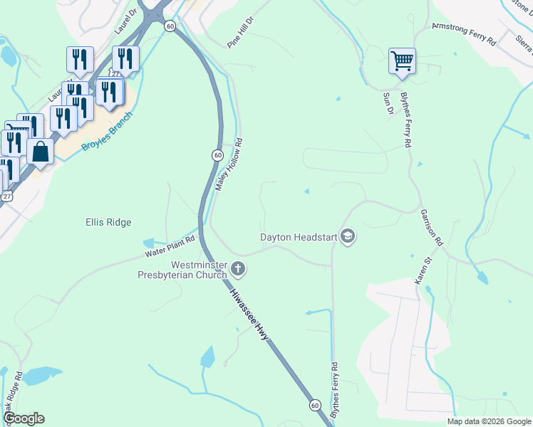 map of restaurants, bars, coffee shops, grocery stores, and more near 346 Maley Hollow Road in Dayton