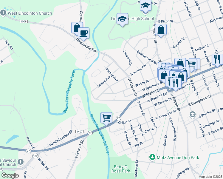 map of restaurants, bars, coffee shops, grocery stores, and more near 440 Roberta Avenue in Lincolnton