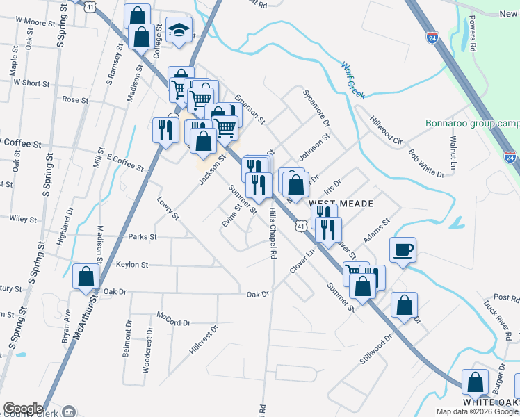 map of restaurants, bars, coffee shops, grocery stores, and more near 1250 Hillsboro Boulevard in Manchester