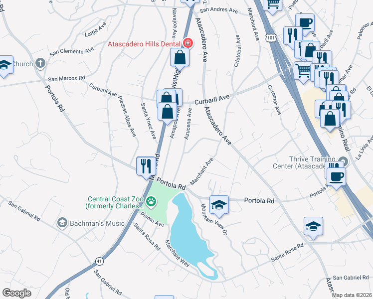 map of restaurants, bars, coffee shops, grocery stores, and more near 8425 Azucena Avenue in Atascadero