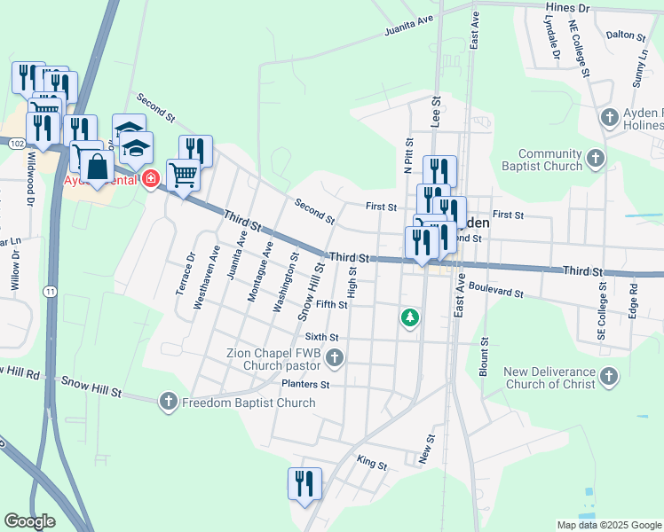 map of restaurants, bars, coffee shops, grocery stores, and more near 4110 Park Avenue in Ayden