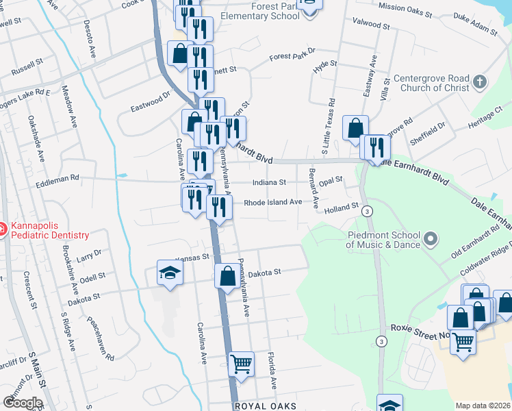 map of restaurants, bars, coffee shops, grocery stores, and more near 1700 Coliseum Avenue in Kannapolis