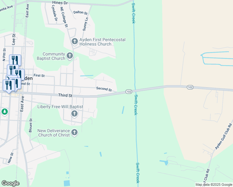 map of restaurants, bars, coffee shops, grocery stores, and more near 1207 East 3rd Street in Ayden