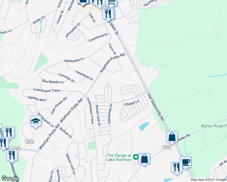 map of restaurants, bars, coffee shops, grocery stores, and more near 9173 Glenashley Drive in Cornelius