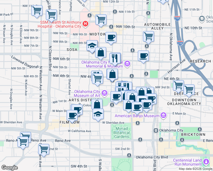 map of restaurants, bars, coffee shops, grocery stores, and more near Dean A McGee Avenue in Oklahoma City