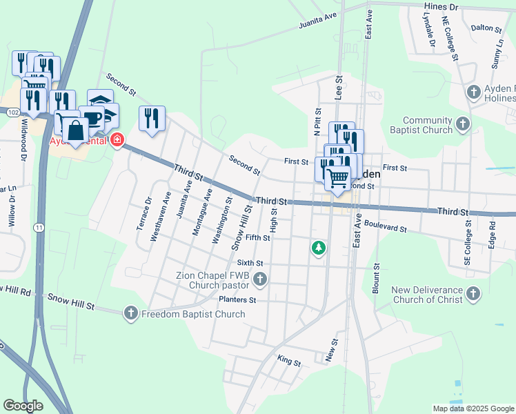 map of restaurants, bars, coffee shops, grocery stores, and more near 4110 Park Avenue in Ayden