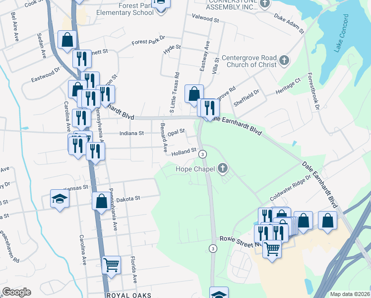 map of restaurants, bars, coffee shops, grocery stores, and more near 1212 Holland Street in Kannapolis