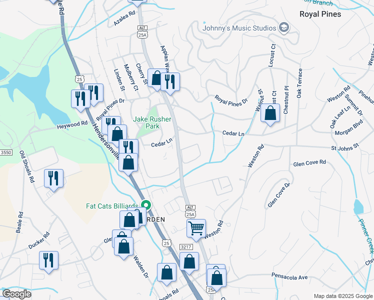 map of restaurants, bars, coffee shops, grocery stores, and more near 132 Colony Drive in Arden