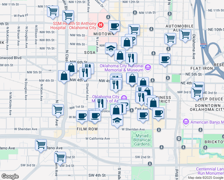 map of restaurants, bars, coffee shops, grocery stores, and more near 4 North Dewey Avenue in Oklahoma City