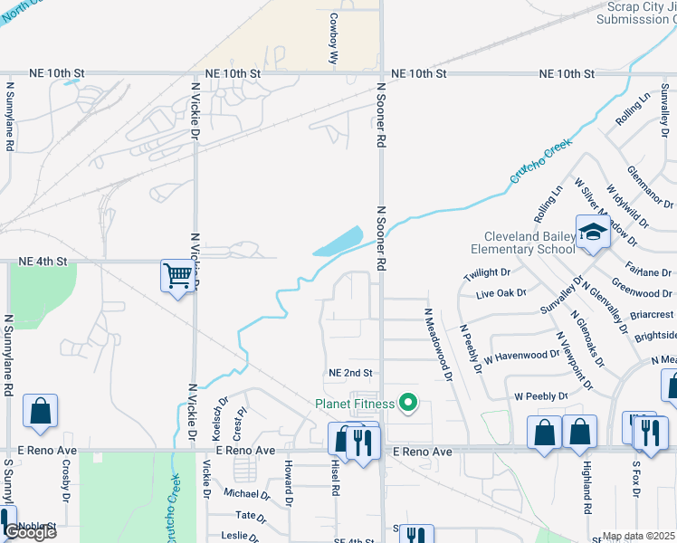 map of restaurants, bars, coffee shops, grocery stores, and more near 5525 Crooked Creek Road in Oklahoma City