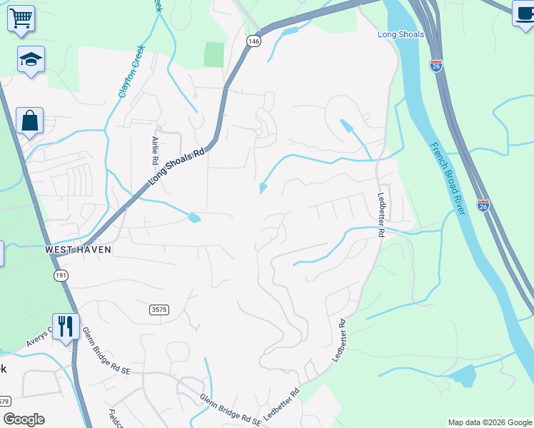 map of restaurants, bars, coffee shops, grocery stores, and more near 150 Waightstill Drive in Arden