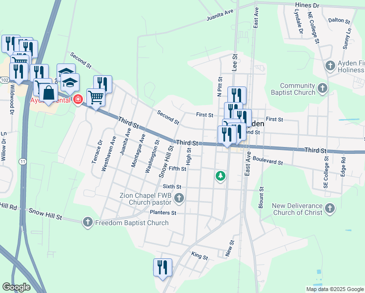 map of restaurants, bars, coffee shops, grocery stores, and more near 444 West 3rd Street in Greenville
