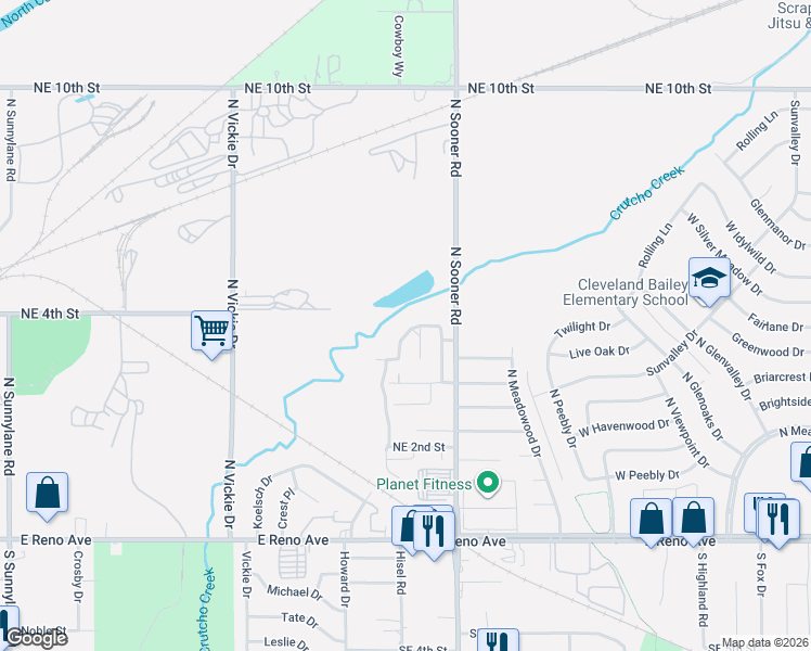 map of restaurants, bars, coffee shops, grocery stores, and more near 5525 Crooked Creek Road in Oklahoma City