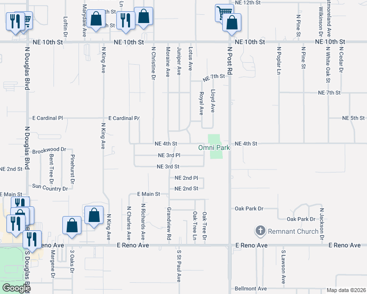 map of restaurants, bars, coffee shops, grocery stores, and more near 9703 Northeast 3rd Place in Midwest City