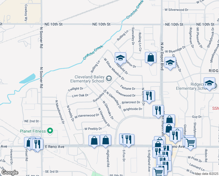map of restaurants, bars, coffee shops, grocery stores, and more near 900 Greenwood Drive in Midwest City