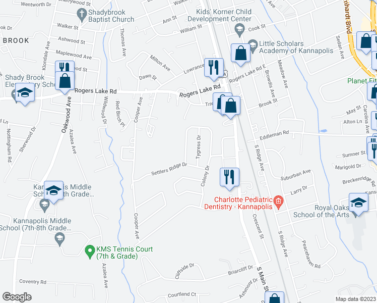 map of restaurants, bars, coffee shops, grocery stores, and more near 1605 Matthew Allen Circle in Kannapolis