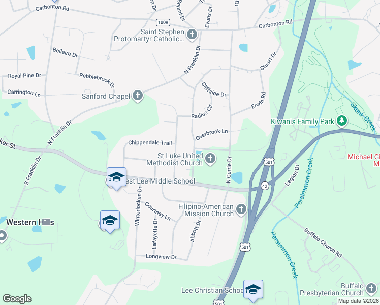 map of restaurants, bars, coffee shops, grocery stores, and more near 111 McLeod Drive in Sanford