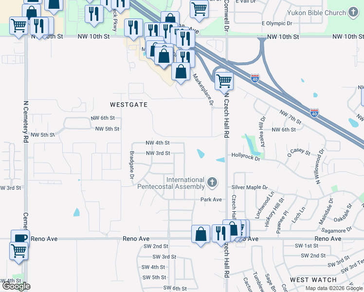 map of restaurants, bars, coffee shops, grocery stores, and more near 328 Marrgate Drive in Yukon