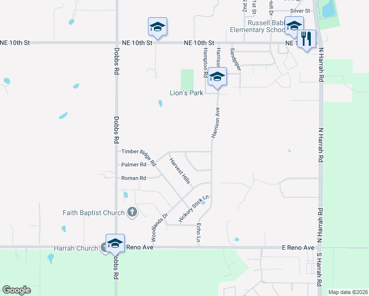 map of restaurants, bars, coffee shops, grocery stores, and more near 481 Crooked Oak Drive in Harrah