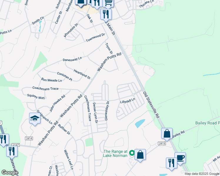 map of restaurants, bars, coffee shops, grocery stores, and more near 9173 Glenashley Drive in Cornelius