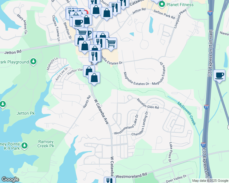 map of restaurants, bars, coffee shops, grocery stores, and more near in Cornelius