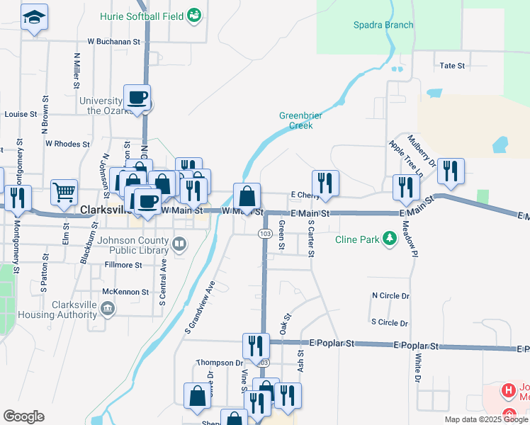 map of restaurants, bars, coffee shops, grocery stores, and more near 101 South Rogers Street in Clarksville