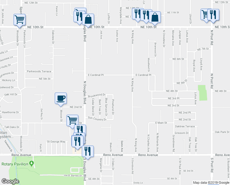 map of restaurants, bars, coffee shops, grocery stores, and more near 9133 Brookwood Drive in Oklahoma City