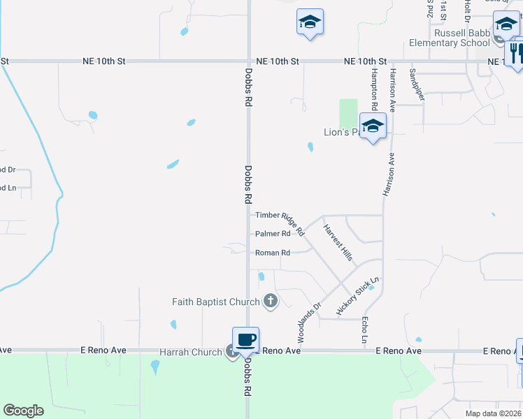 map of restaurants, bars, coffee shops, grocery stores, and more near 20040 Timber Ridge Road in Harrah
