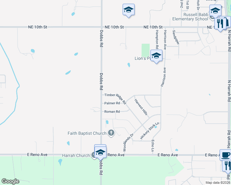 map of restaurants, bars, coffee shops, grocery stores, and more near 20130 Timber Ridge Road in Harrah