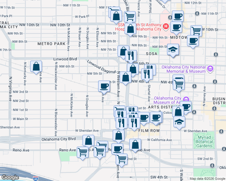 map of restaurants, bars, coffee shops, grocery stores, and more near 1137 Northwest 2nd Street in Oklahoma City