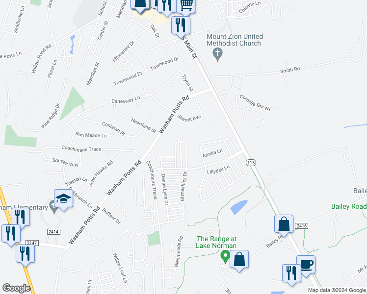 map of restaurants, bars, coffee shops, grocery stores, and more near 9152 Glenashley Drive in Cornelius