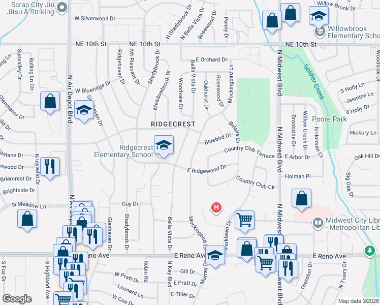 map of restaurants, bars, coffee shops, grocery stores, and more near 3105 Mockingbird Lane in Midwest City