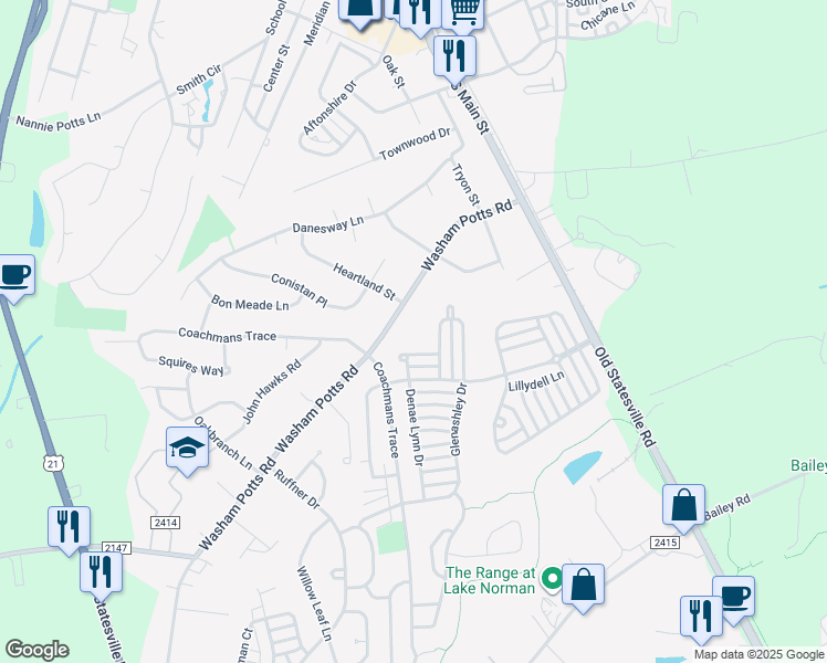 map of restaurants, bars, coffee shops, grocery stores, and more near 10955 Shelly Renee Drive in Cornelius
