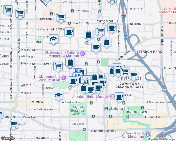 map of restaurants, bars, coffee shops, grocery stores, and more near in Oklahoma City
