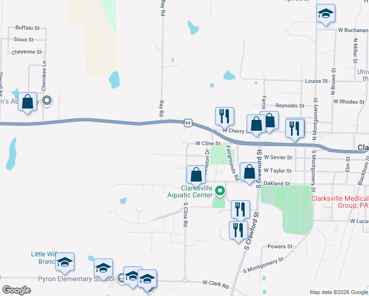 map of restaurants, bars, coffee shops, grocery stores, and more near 1801-1999 Ford Dr in Clarksville