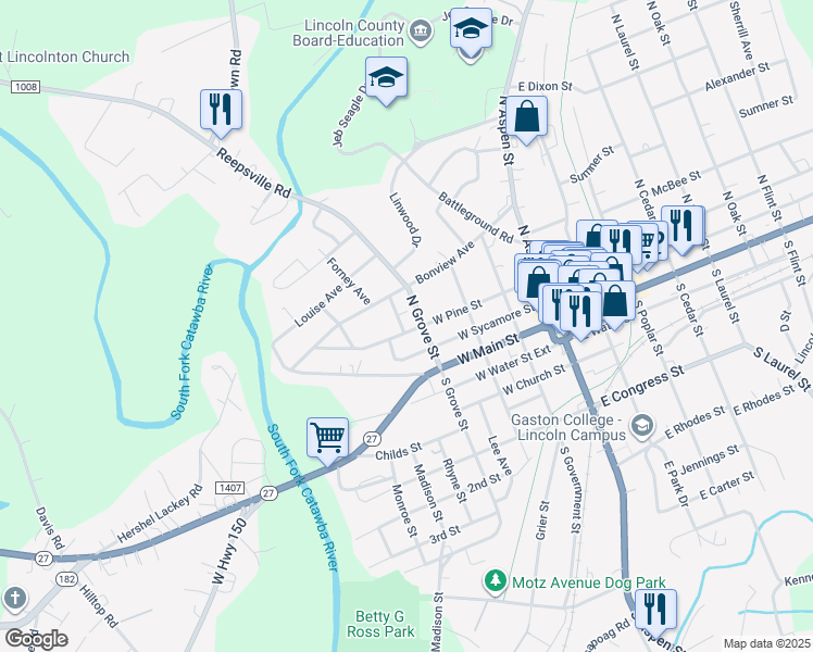 map of restaurants, bars, coffee shops, grocery stores, and more near 406 West Sycamore Street in Lincolnton