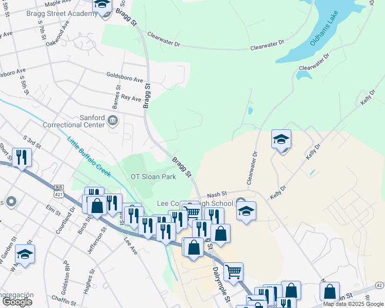 map of restaurants, bars, coffee shops, grocery stores, and more near 3 Bragg Street in Sanford