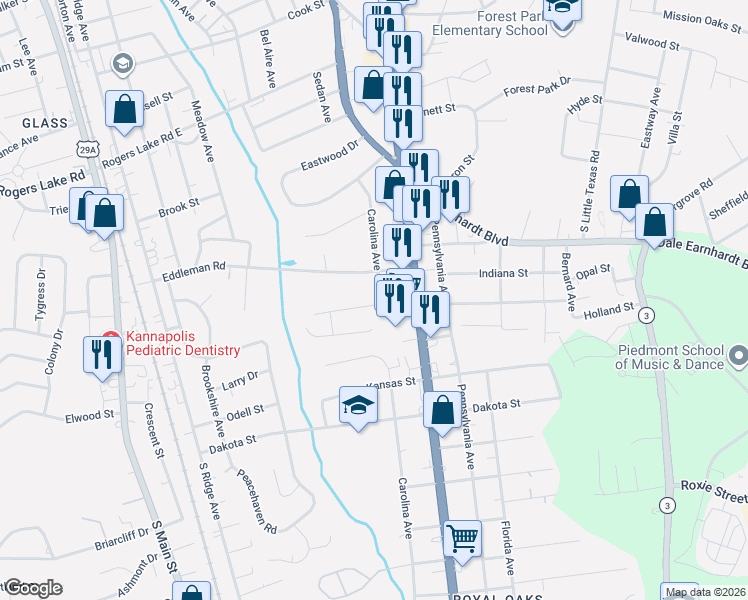map of restaurants, bars, coffee shops, grocery stores, and more near 610 Sumner Street in Kannapolis