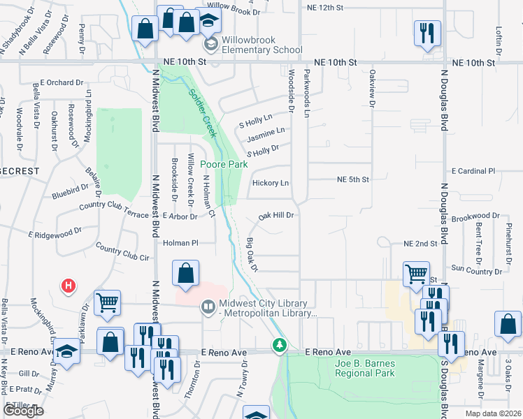 map of restaurants, bars, coffee shops, grocery stores, and more near 1104 Oak Hill Drive in Midwest City